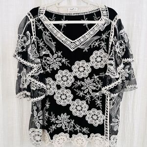 Sapphire Black & White Floral Lace Ruffly Layered Boho Feminine Blouse -Plus 2X